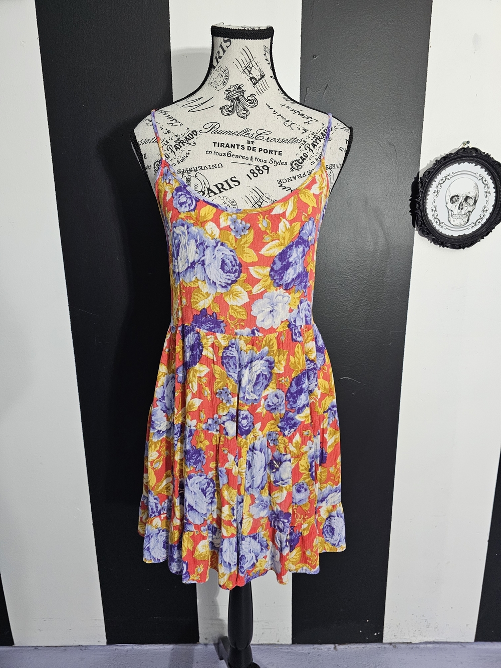 Band of Gypsies Orange and Purple Floral Spaghetti-Strap Mini Dress